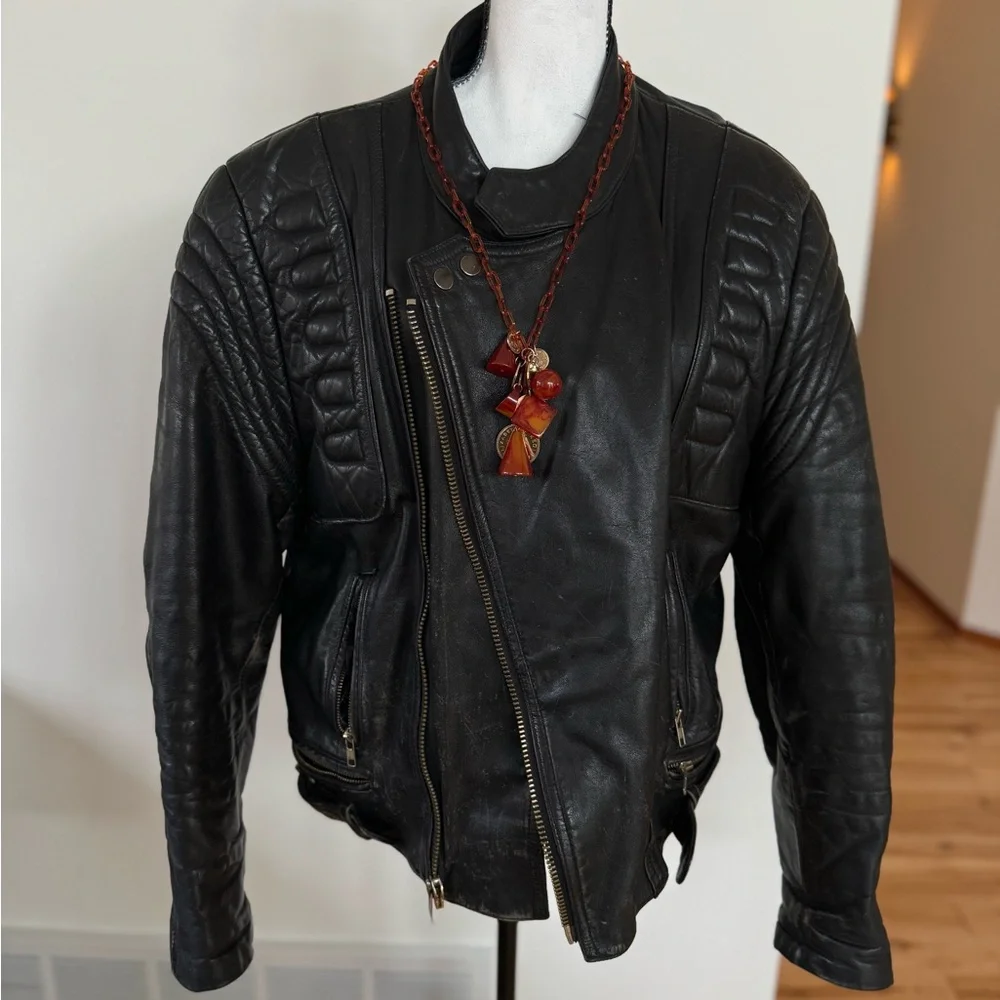 Black, painted back- leather motorcycle jacket - Picture 7 of 10